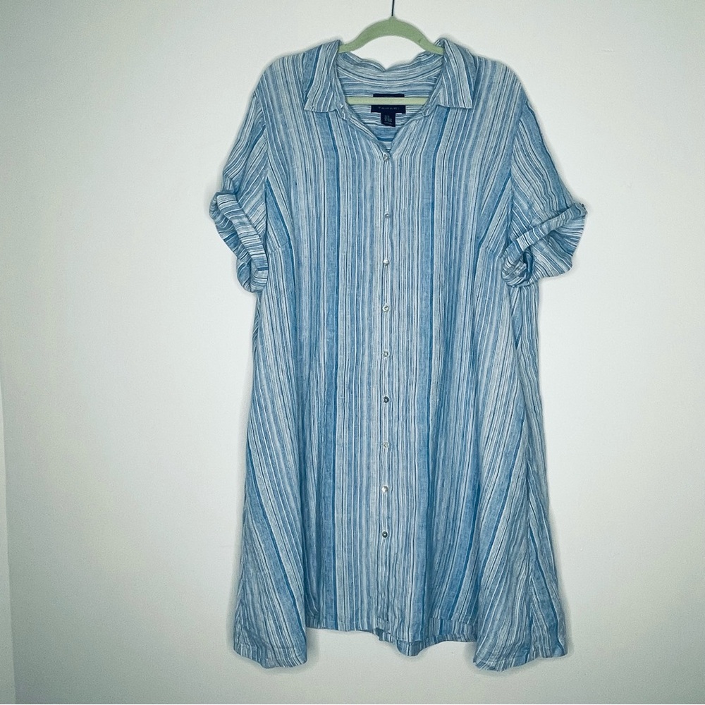 Tahari Plus 100% Linen Collar Shirt Dress Light Blue stripe button up 2X pockets - Picture 12 of 16